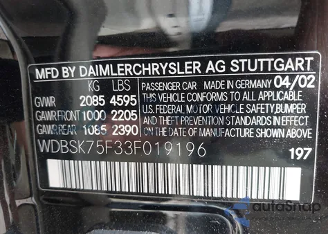 2003 Mercedes-Benz Sl 500 из США, поврежденный, VIN WDBSK75F33F019196